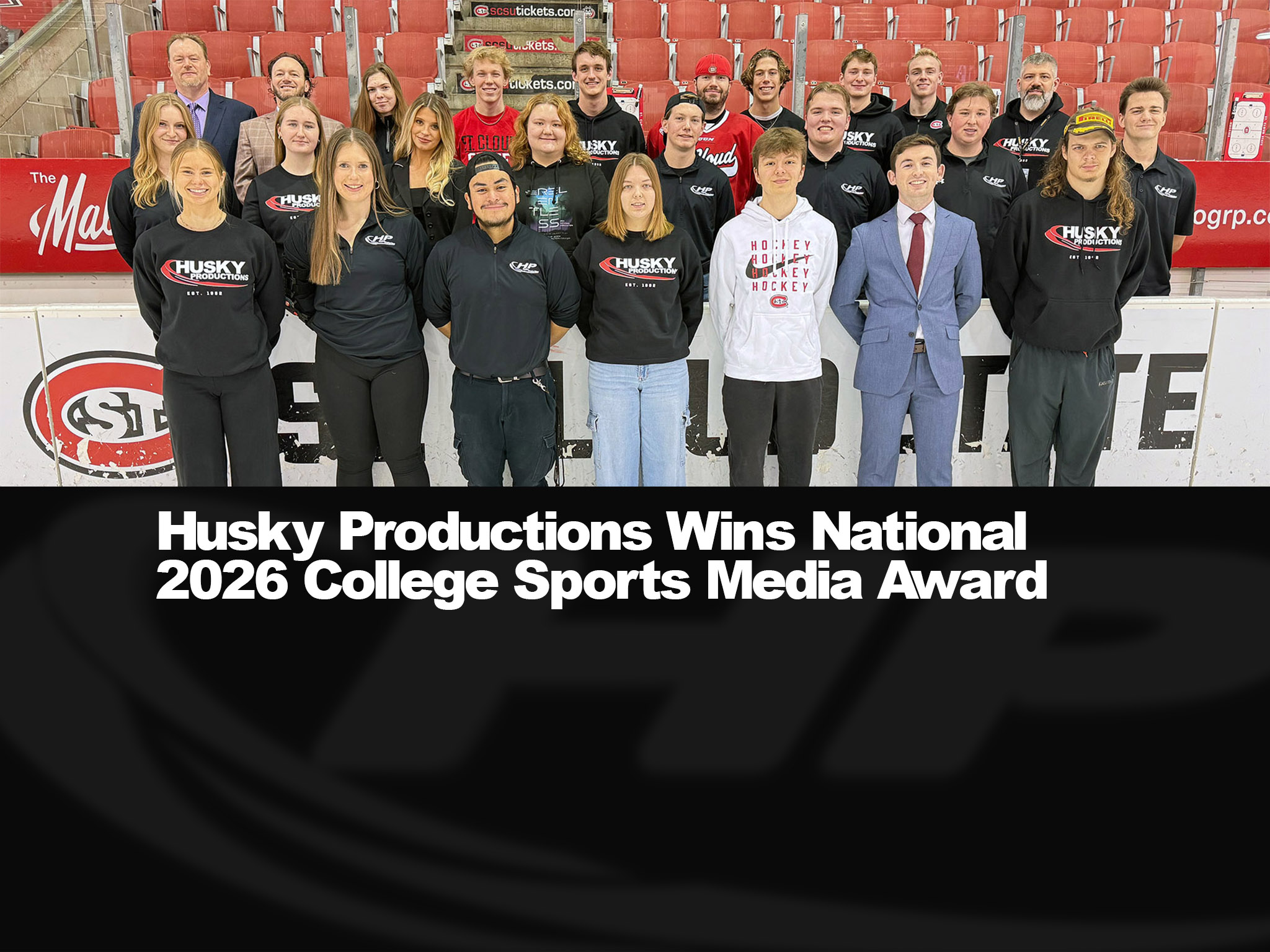 A photo of the Husky Productions crew with text saying Husky Productions wins national 2026 College Sports Media Award