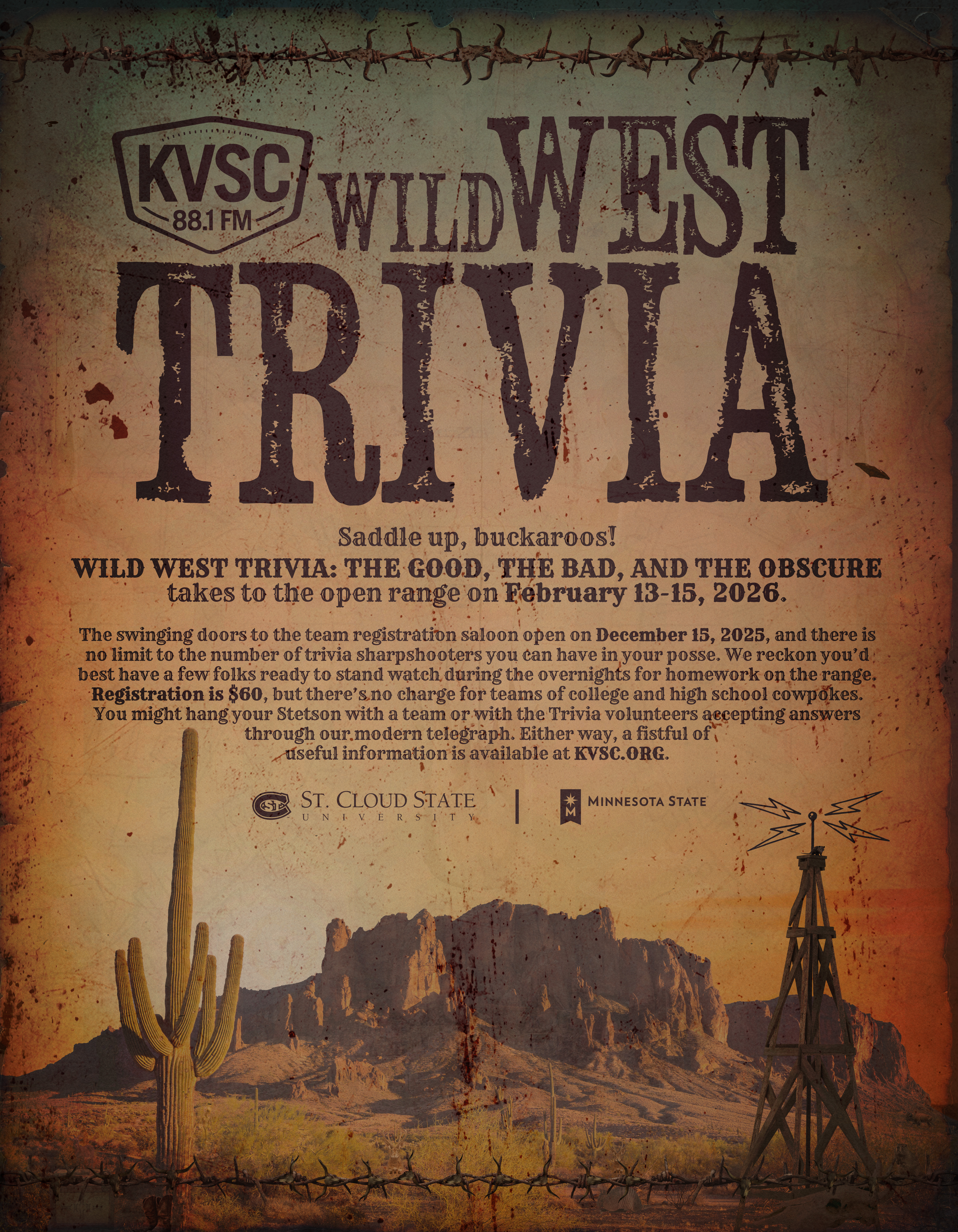 KVSC Wild West Trivia Poster advertising KVSC's Wild West Trivia The Good, The Bad, and The Obscure February 13-15, 2026.